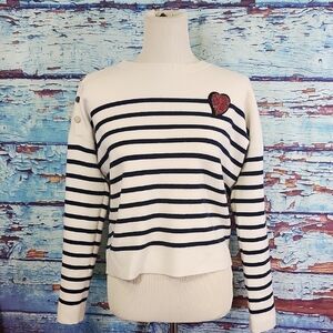 Maje White and Black Crew Neck Sweater with Heart Detail